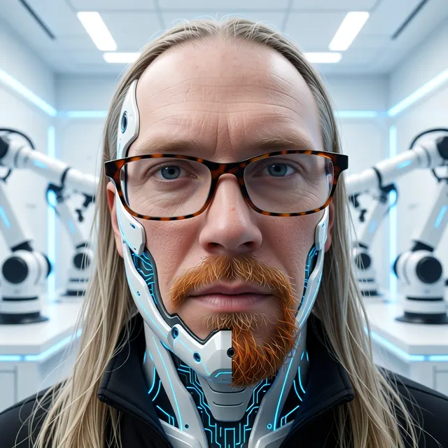 AI-portræt: Paw som android med hvid robotplade og blå kredsløb langs kæben, i et hvidt robotlaboratorium
