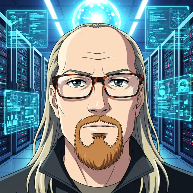 AI-portræt: Paw tegnet i anime-stil i et lyst AI-laboratorium med servertårne og svævende skærme