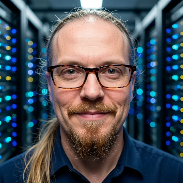 AI-portræt: Paw foran rækker af serverracks med blå lys