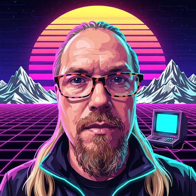AI-portræt: Paw i 1980'er-synthwave-stil foran en stribet solnedgang, et neongitter og en gammel computer