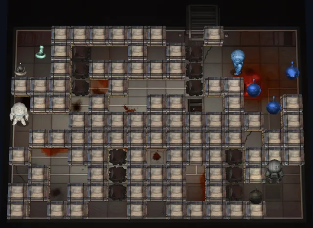 En arena i Atomic Grid set ovenfra: kasser og søjler i et gitter, robotter i hjørnerne og brandmærker på gulvet
