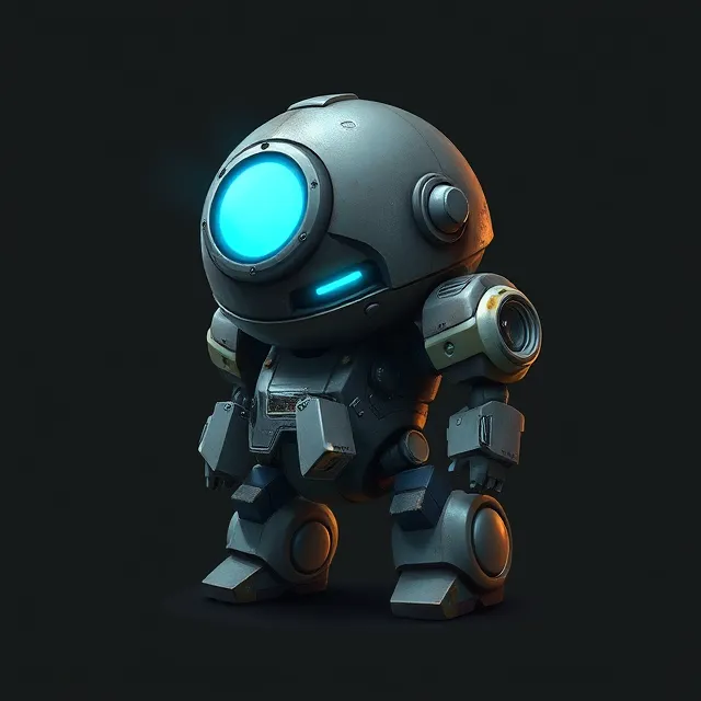 En lille, kraftig robot med rund hjelm og et blåt, lysende visir på mørk baggrund