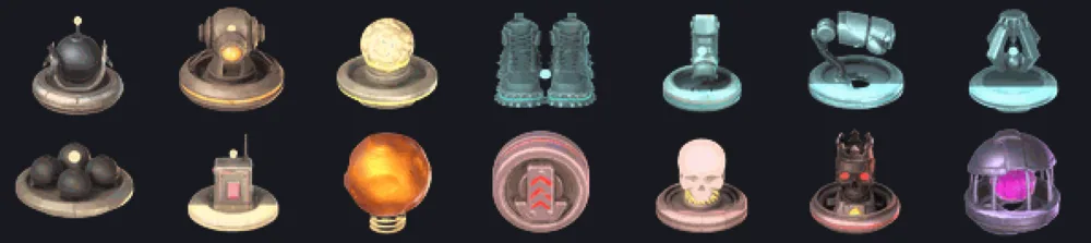 Fjorten powerups på hver sin sokkel, der drejer rundt