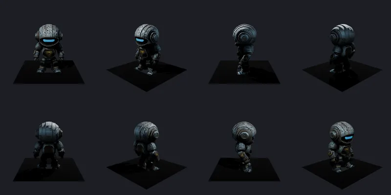 Den samme robot som 3D-model, vist fra otte vinkler på en sort plade