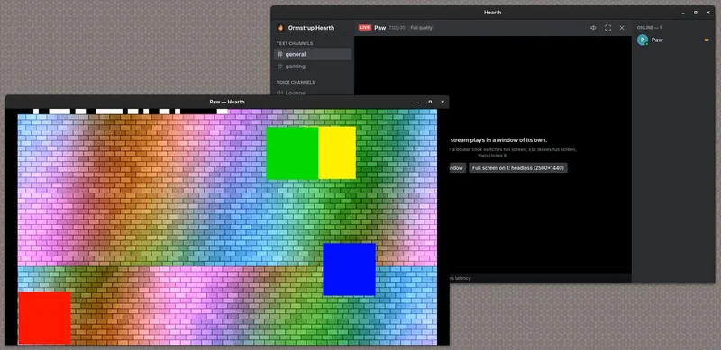 Hearths desktop-app med en stream af et testbillede i sit eget vindue