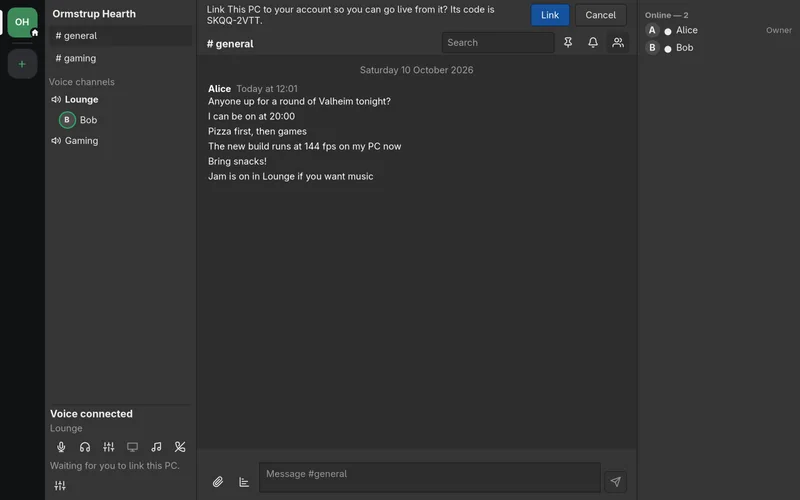 Hearths Linux-app med kanaler, en samtale og brugere online, med demodata